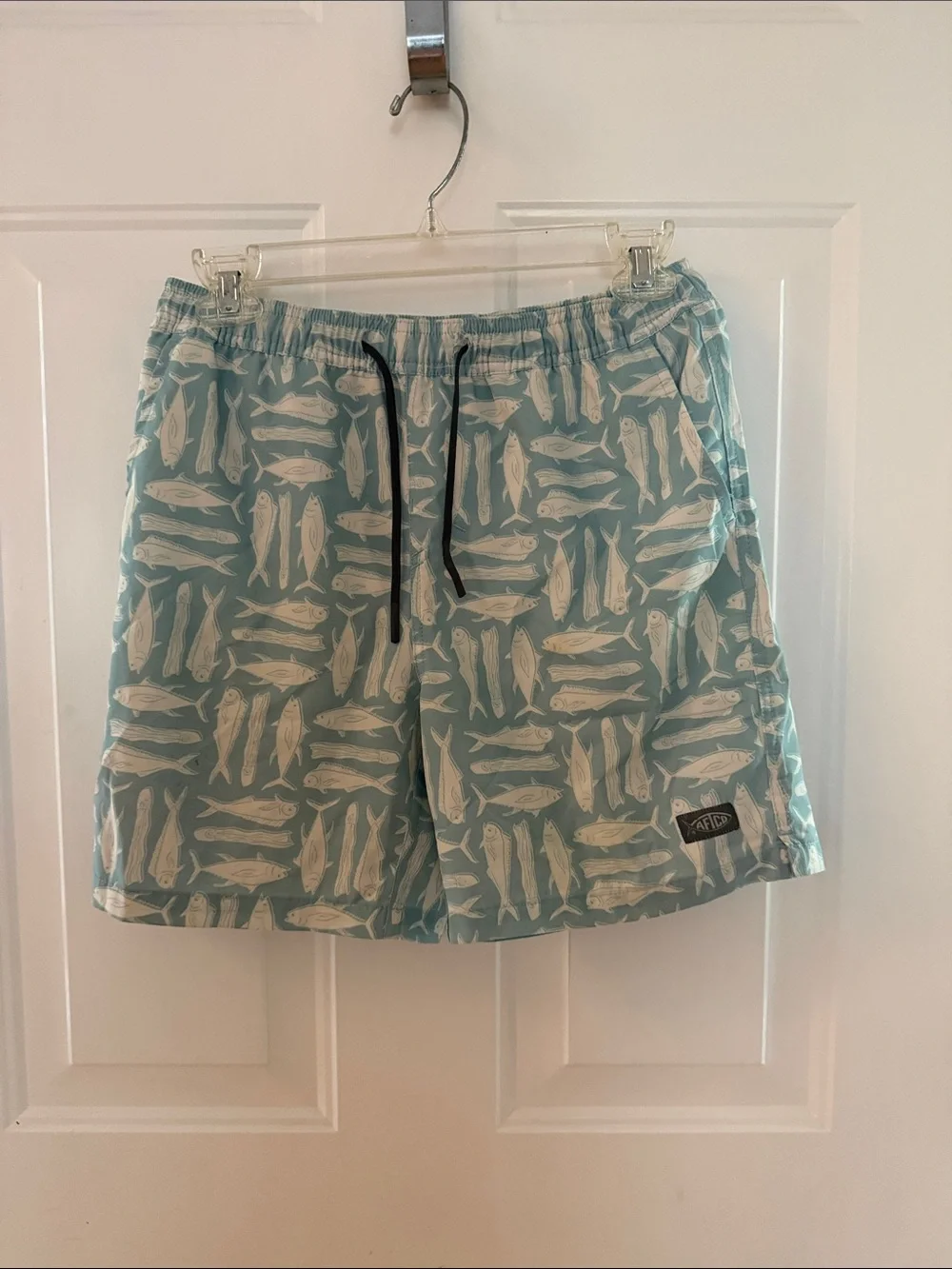 AFTCO Light Blue & White Fish Print Kids Swim Trunks youth XL